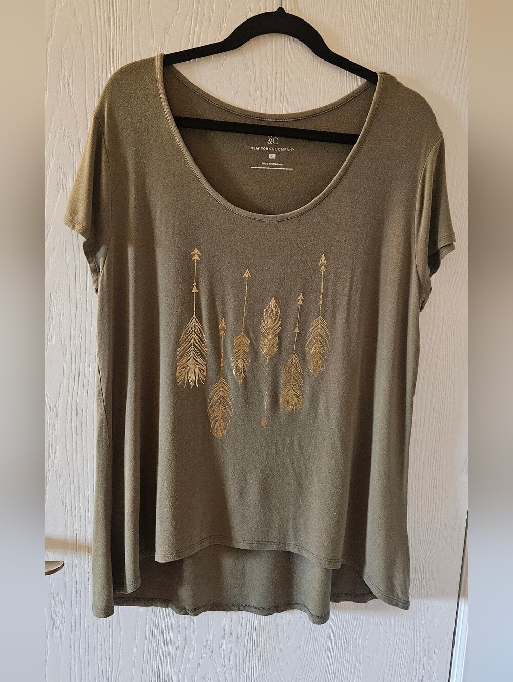 New York & Company Olive Scoop Neck Tee with Metallic Gold Feather Motif